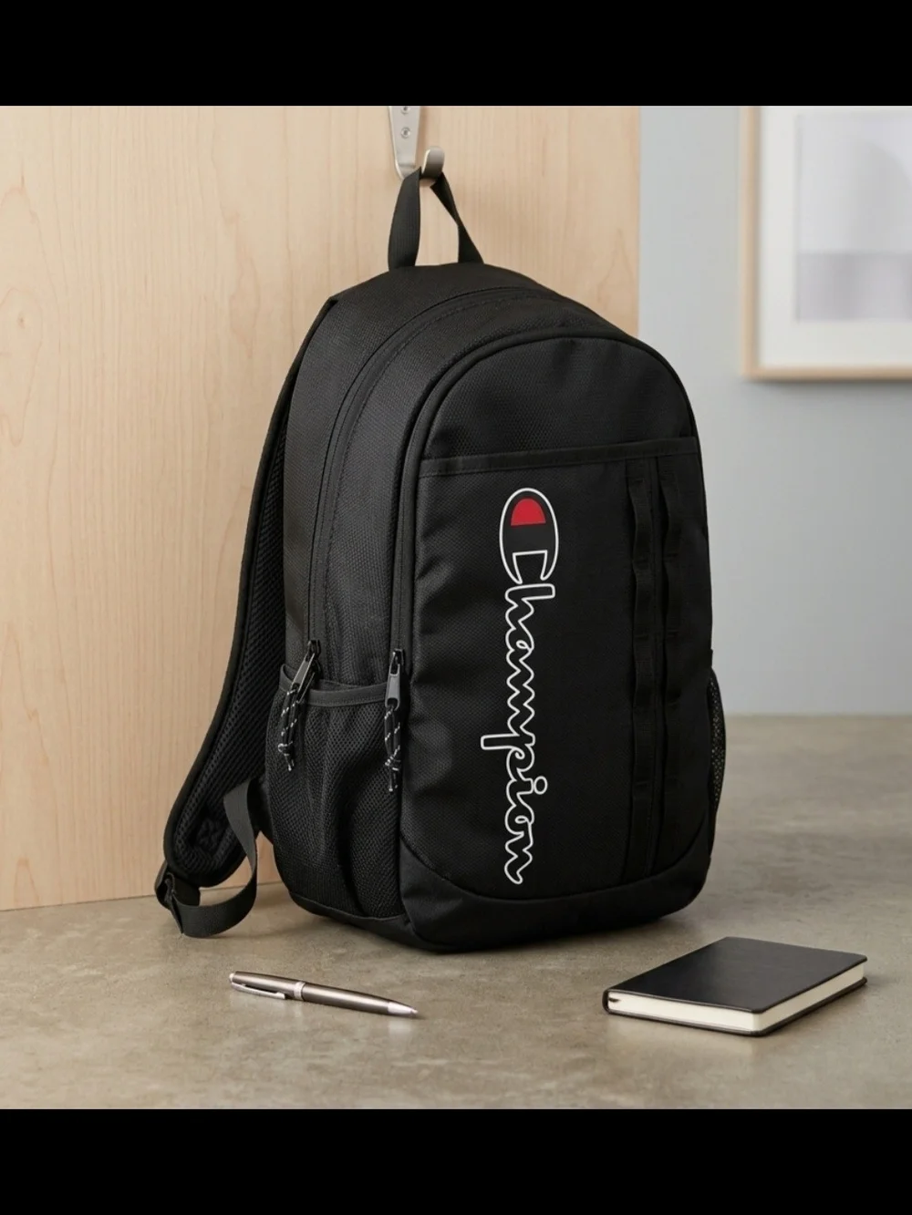 Champion Black Backpack with Vertical Logo and Red Accent